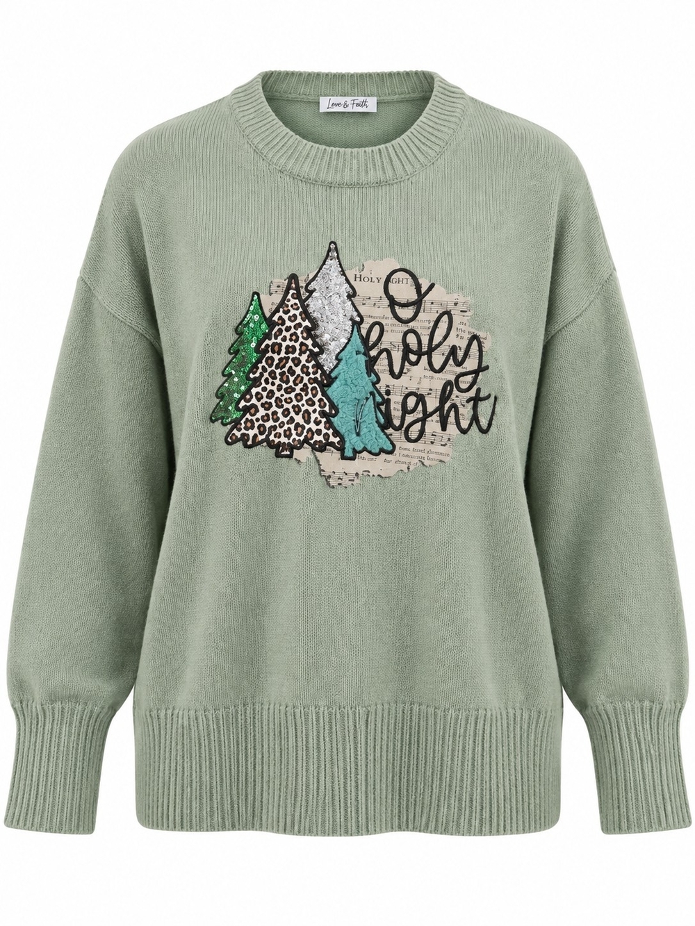 LOVE IN FAITH | O Holy Night Song Music Sage Sequin Christmas Tree Sweater | XL
